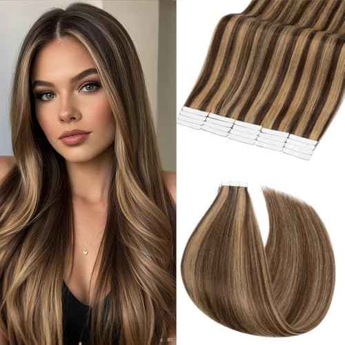 Rich Choices Tape in Hair Extensions Human Hair, 40pcs 80g 100% Remy Seamless Tape Hair Extensions Real Human Hair,14 Inch #4P27 Medium Brown Highlighted Dark Blond