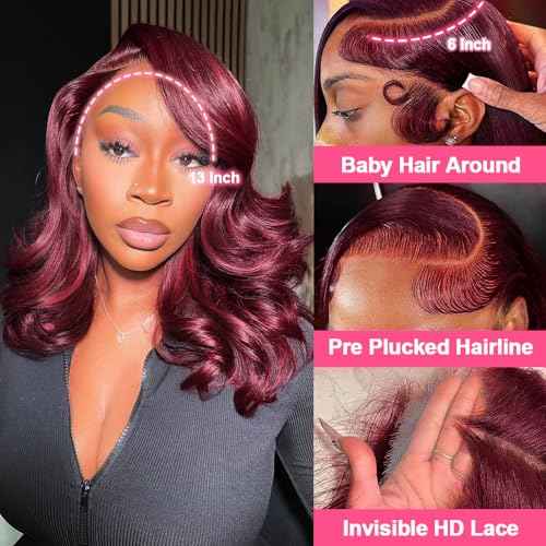 13x6 Bob Wig Human Hair 200 Density 99j Burgundy Lace Front Wigs Human Hai.r Glueless 13x6 Body Wave HD Lace Front Wigs Human Hair Pre Plucked Short Wine Red Bob Wigs for Black Women 16 Inch