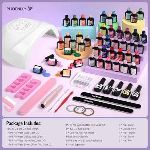 PHOENIXY 63 Pcs Gel Nail Polish Kit with U V light and Drill, 50 Pcs Gel Polish with 5 Pcs Base Top Coat Manicure Starter Nail Polish Set Christmas Gifts for Women ST9017