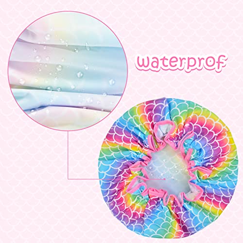 Shower Cap for Kids, 3 Pcs Kids Shower Caps for Girls, Cute Rainbow Hair Cap Wide Elastic Band, Plastic Reusable Waterproof Toddler Shower Cap, Large Bath Cap for Kids Girls Women (Mermaid)