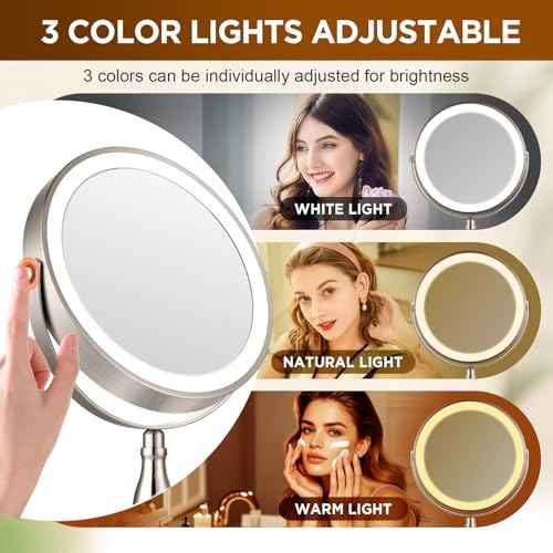 Makeup Mirror with Lighted, 30x Magnifying Mirror with 3 Lights Colors, Vanity Mirror Brushed Nickel - 360¡Æ Rotation, Brightness Adjustable Magnification, Modern Style Side Touch + Side Charge