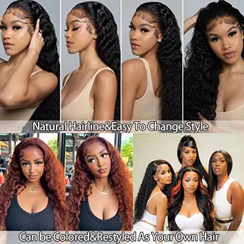 13x6 Deep Wave Lace Front Wigs Human Hair Wigs HD Transparent Deep Curly Lace Frontal Glueless Wigs Human Hair Lace Front Wigs Pre Plucked 200% Density Natural Black 24 Inch