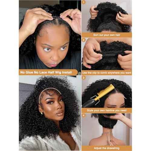 Kinky Curly Half Wig Human Hair 200% Density Wear Go Glueless Wigs Human Hair 3 In 1 Drawstring Seamless Flip Over Wig for Women Daily Wear Headband Wig Beginner Friendly Black (20inch)
