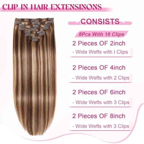 Clip in Hair Extensions Real Human Hair, Remy Human Hair Extensions Clip ins for Women, 100% Natural Human Hair, Double Weftm, 24inch 120g 8Pcs, #4/27 Chocolate Brown to Honey Blonde