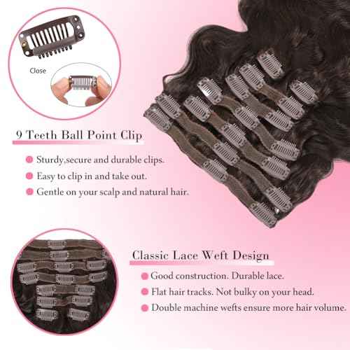 Dark Brown Clip in Hair Extensions Real Human Hair 8Pcs 130g with 18 Clips Body Wave Human Hair Clip in Extensions for Women Full and Thick Brown Wavy Human Hair Extensions (#2,22 Inch)
