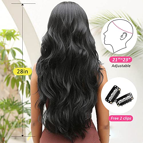 OUFEI Long Wavy Brack Wigs for Women Natural Synthetic Hair Heat Resistant Wigs for Daily Party Cosplay Wear-28 Inches