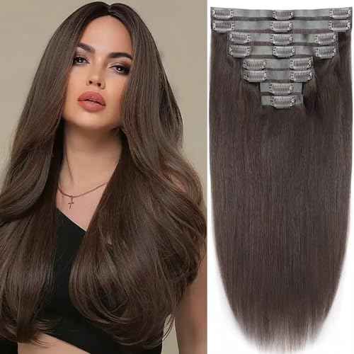 Seamless Clip in Hair Extensions Human Hair 120g 8pcs Straight Dark Brown Clip in Hair Extensions for Women 100% Remy Human Hair Extensions(24inch,#2 Dark Brown)
