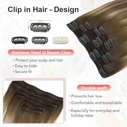 XDhair Clip in Hair Extensions Real Human Hair 120g 18 Inch Balayage Ombre Color 3 Walnut Brown to 8 Ash Brown and 22 Golden Blonde Double Weft Clip in Remy Hair Extensions(18, 3/8/22)