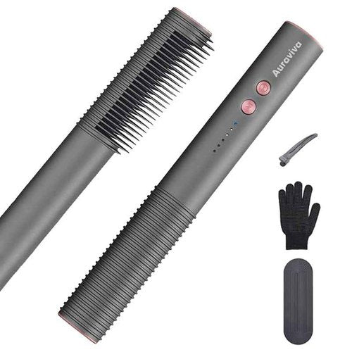 Hair Straightener Brush, Hair Straightener Comb with 5 Temp Settings, Dual Voltage, Anti-Scald, 20s Fast Heating, Ceramic Hot Comb Straightener Straightening Brush for Women, Grey