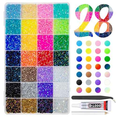 28 Color Resin Rhinestones w B7000 Jewelry Glue for Bedazzling Crafting Flatback Stones Colorful AB Gems Diamonds Charms for Nails Eyes Face Makeup Tumblers DIY Crafts (Jelly, 3mm)