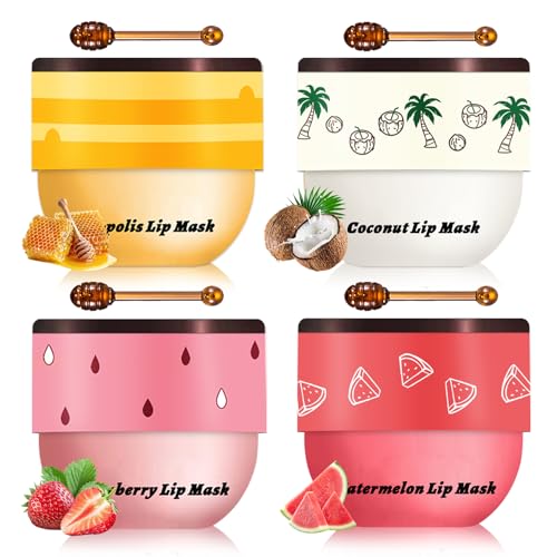 4PCS Honey Lip Balm Hydrating Honey Lip Mask Overnight Propolis Bee Lip Balm Prevention Dry and Cracked Lip Scrub Exfoliator (Honey+Strawberry+Coconut+Watermelon)