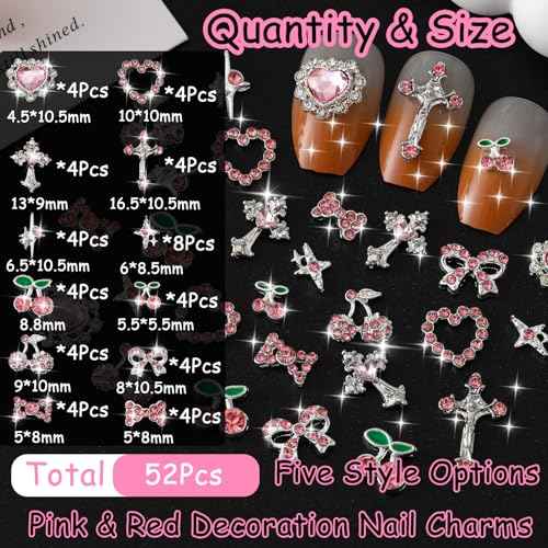 52PCS Pink and Silver Metal 3D Nail Charms Bulk, Bow, Heart, Cherry, Cross and Star Charms for Nails-Shiny Nail Rhinestones for Nail Art, Manicure, DIY Jewelry Making
