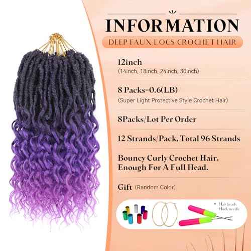Short Purple Crochet Hair-8 Packs 12 Inch Deep Faux Locs Crochet for Black Women Pre Looped|Prelooped Goddess Locs With Wavy Curly Ends Synthetic Crochet Braids,Lightweight& Natural (12",T1B/Purple#)