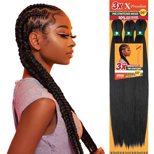 Sensationnel X-pression prestretched braiding hair - 3x braid 50 inch all kanekalon flame retardant synthetic braid for box braids and twists (1 pack, 1B OFFBLACK)