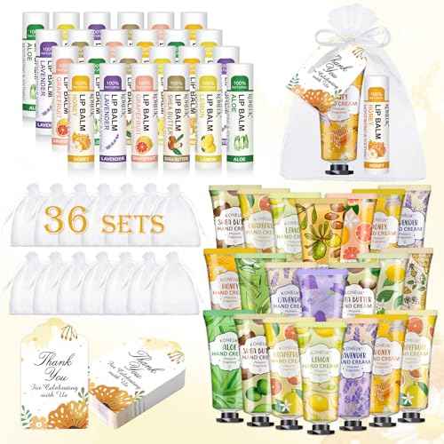 36 Pack Hand Cream Bulk and Lip Balm Bulk Sets, Stocking Stuffers for Women, Thank You Gifts and Christmas Gifts for Guests with Thank You Card Organza Bags, Birthday Gifts, Bulk Gifts, Small Gifts