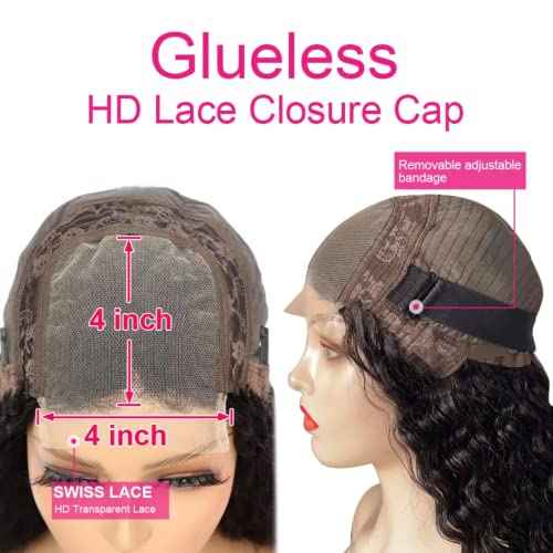 kiss love Glueless Wigs Human Hair Pre Plucekd with Baby Hair 180% Density Deep Wave Closure Wigs Human Hair Glueless Wig with Elastic Band 4x4 Curly Wigs for Women (20Inch)