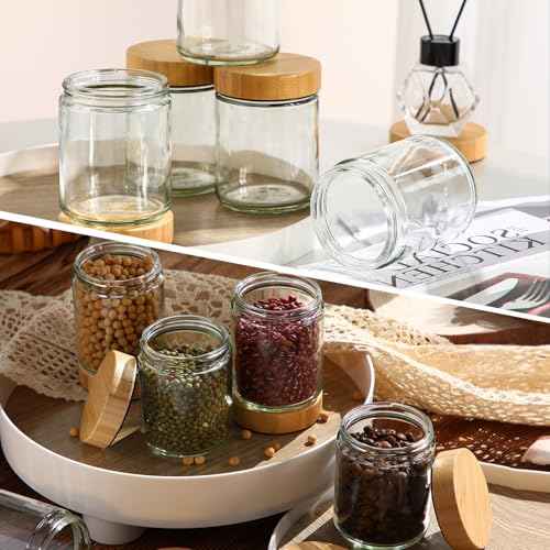 Norme 24 Pcs 8 oz Glass Jars with Lids Empty Small Glass Containers and Inner Liners Reusable Cosmetic Jars Round Airtight Bottles with Plastic Woodgrain Lids for Travel