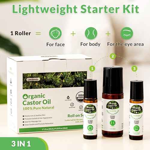 Organic Castor Oil Roll on for Belly, Face, Body, Under Eyes? Certified Organic, Cold Pressed, Hexane Free, Unrefined ? 3 Glass Bottle Pure Roller Ball Castor Oil to Moisturize Skin, Lips