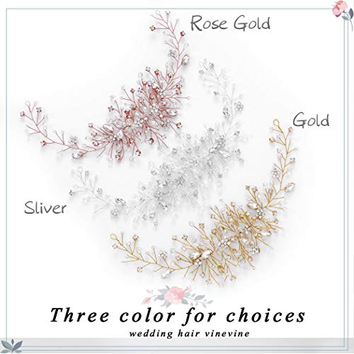 Unicra Bride Flower Wedding Hair Vine Crystal Bridal Hair Piece Rhinestone Party Hair Accessories Leaf Hair Jewelry Bead Headpiece for Women and Girls (Gold)