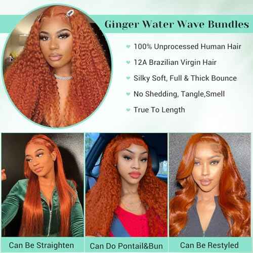 #350 Ginger Orange Bundles Human Hair Water Wave Bundles 16 18 20 Inch Wet and Wavy Human Hair Bundles 100% Unprocessed Brazilian Virgin Ginger Orange Hair 3 Bundle Human Hair Extensions for Women