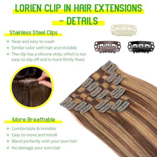 LORIEN Clip in Hair Extensions Real Human Hair, 14 Inch 80g, 4/27 Chocolate Brown to Caramel Blonde Color, Clip in 100% Brazilian Remy Human Hair Extensions 8pcs Per Set with 18 Clips Double Weft