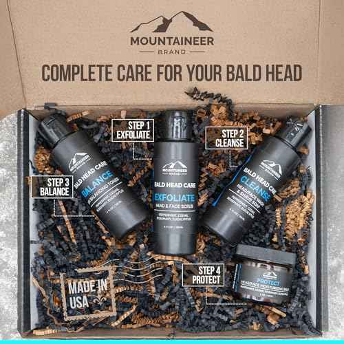 Mountaineer Brand Bald Head Care For Men | All Natural 4 Step Daily Skin Care for Healthy Scalp & Face | Exfoliate and Scrub | Cleanse Wash | Shine Away PH Balance | Protect Moisturizing Balm | 4oz