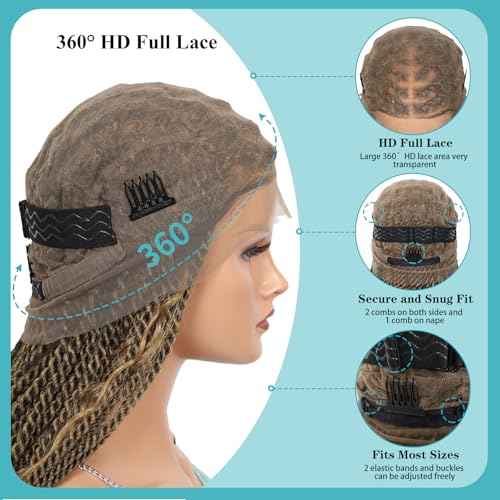 Kalyss HD Full Lace Boho Braided Wigs for Women 360 Lace Front Twist Braided Wigs with Baby Hair Light Brown Premium Synthetic Knotless Braid Wig 36"