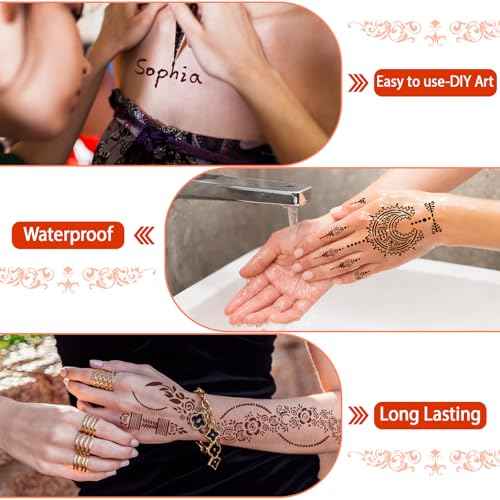 Temporary Stencils Tattoos Kit, 6 Pcs Tattoo Cones 4 Color (2 Black 2 Brown 1 Maroon 1 Cherry Red) with Gloves Brush Tool,DIY Body Art Skin Painting Designs for Women Men Kids Party Gifts