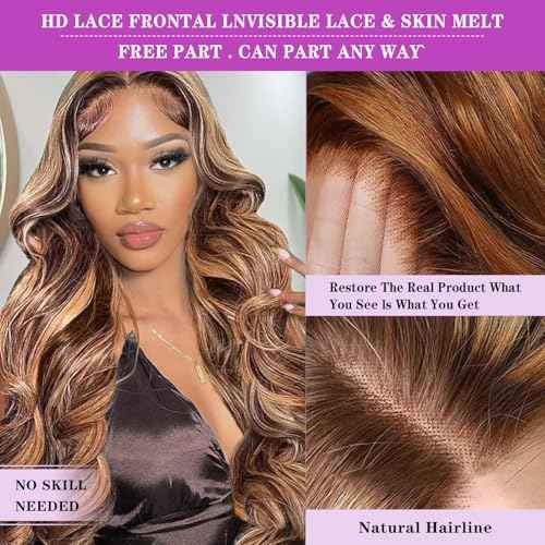 Ombre Lace Front Wig Human Hair 4/27 13x4 HD Body Wave Highlight Lace Front Wig Human Hair Pre Plucked With Baby Hair 180% Density Glueless Lace Front Wigs Human Hair28 Inch