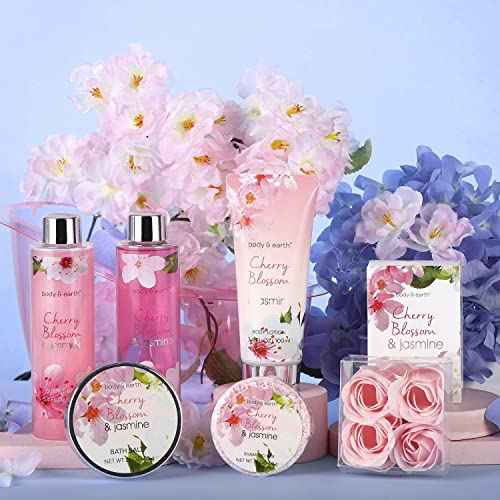 Body & Earth Gift Baskets for Women Bath and Body Set for Her, Cherry Blossom & Jasmine Spa Gifts for Women Christmas Gifts, Regalos Para Mujer