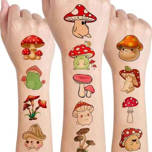 12 Sheets Mushroom Temporary Tattoos for Kids, Mushroom Birthday Party Supplies Decorations Cute Fake Tattoos Mushroom Party Favors for Boys Girls Children Goodie Bag Fillers Party Gifts Stickers