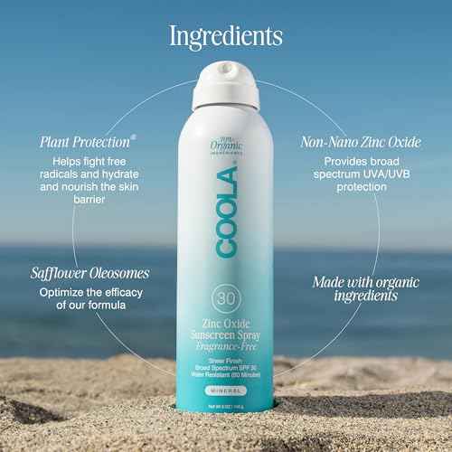 COOLA Organic Mineral Sunscreen SPF 30 Sunblock Spray, Dermatologist Tested Skin Care for Daily Protection, Vegan and Gluten Free, Fragrance Free, 5 Fl Oz