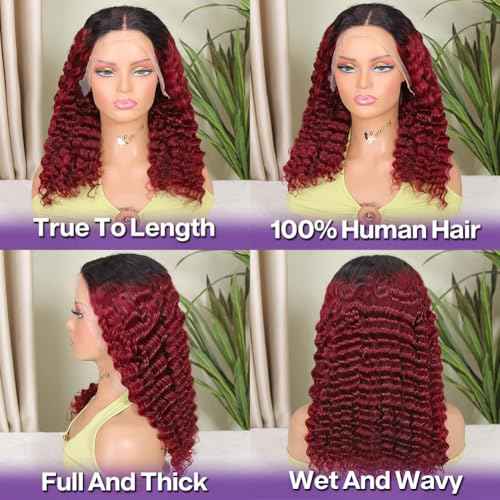 1B/99J Deep Wave BOB Wig Human Hair 18 Inch Ombre 99J Burgundy Lace Front Wigs Human Hair 13x4 HD Short Curly Frontal BOB Wigs For Black Women Human Hair Wear And Go Glueless Wine Red