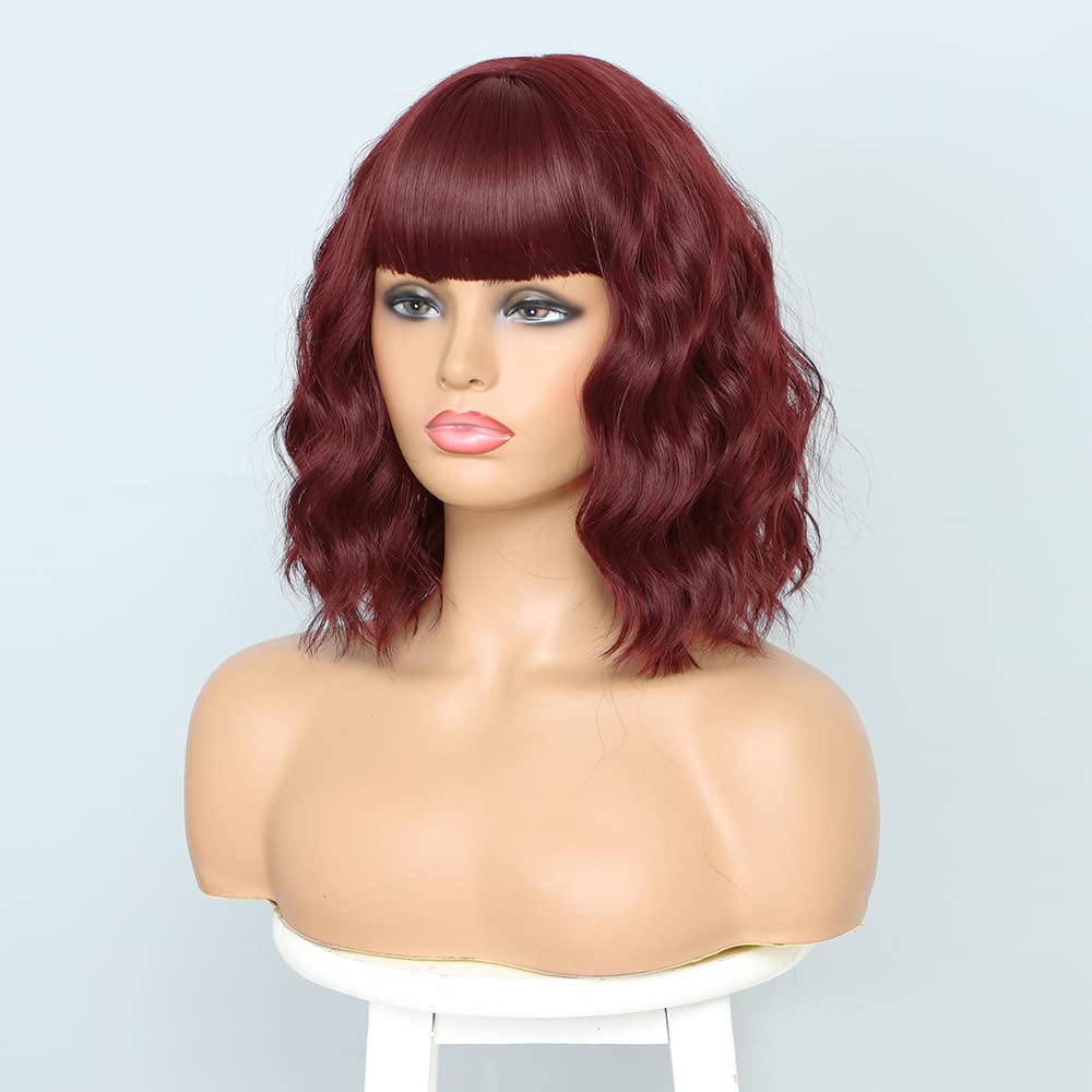 Elfairy Red Wig for Women 12in Short Wavy Curly Hair Bangs Wigs Natural Looking Synthetic Hair Replacement Wig(12'' Wine Red 118)