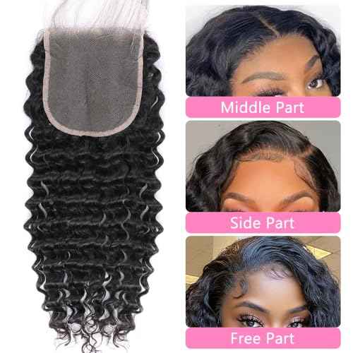 5x5 HD Lace Closure Deep Wave Ultra-thin Transparent HD Lace Closure 12A Brazilian Virgin Human Hair Closure Free Part Pre Plucked with Baby Hair Natural Black 22 Inch