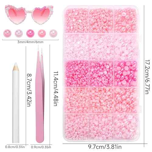 15000 Pcs Pink Flatback Pearls for Crafting, Assorted Size 3/4/6mm Half Pearls Bedazzling ABS Pearl Beads Gems for Nails Art DIY Crafts Face Makeup with Pickup Pencil Tweezer