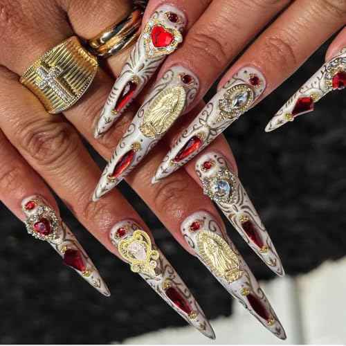 100Pcs Gold Nail Charms and Gems 3D Cross Nail Charms,Gold Rose,Hearts,Dollar,Bow,Cherry and Virgin Mary Nail Rhinestones for Nails Supplies
