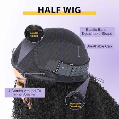 V SHOW Afro Curly Half Wig Human Hair 180% Density Wear Go Glueless Wigs Human Hair 18 Inch Curly 3 In 1 Half Wigs for Women Drawstring Seamless Flip Headband Wig Beginner Friendly