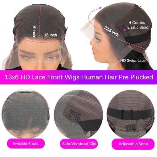 Caijuxing Water Wave Lace Front Wigs Human Hair 13x6 HD Lace Front Wigs Human Hair 200% Density (Natural Black- Water Wave Wig, 18 Inch)