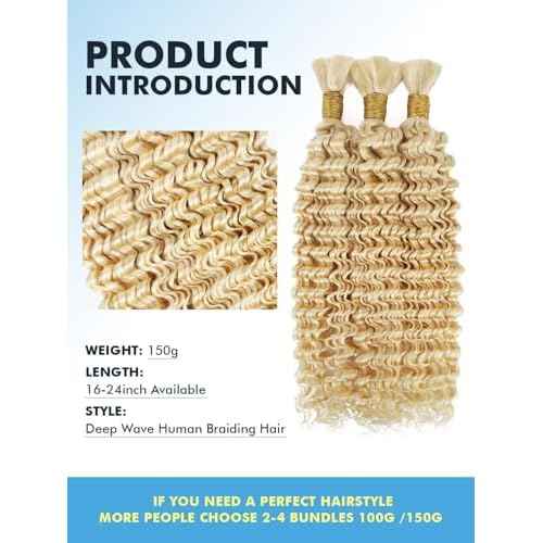 Human Braiding Hair for Boho Braids 150g 22 Inch 613 Blonde Brown Curly Boho Hair for Braiding Knotless 12A Deep Wave Bulk Bohemian 3 Bundles/Pack Color 613