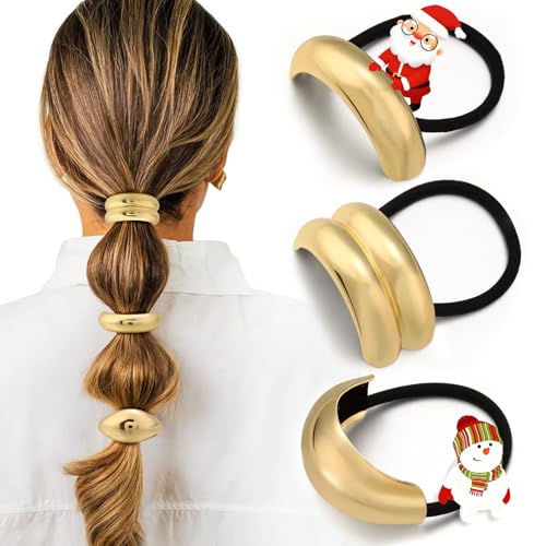 3PCS Gold Hair Ties, Metal Hair Ties for Thick Hair, Elegant Durable Geometric Design, Gold Hair Accessories Stretchy and Non-Damage Ponytail Cuff Holders, 3 Styles in Box Holiday Christmas Gifts