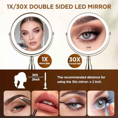Makeup Mirror with Lighted, 30x Magnifying Mirror with 3 Lights Colors, Vanity Mirror Brushed Nickel - 360¡Æ Rotation, Brightness Adjustable Magnification, Modern Style Side Touch + Side Charge
