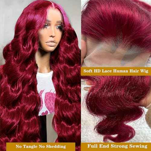 99j Burgundy Lace Front Wigs Human Hair 26 Inch 13x4 Body Wave Burgundy Lace Front Wigs 180 Density HD Transparent Glueless Wigs Human Hair Pre Plucked with Baby Hair
