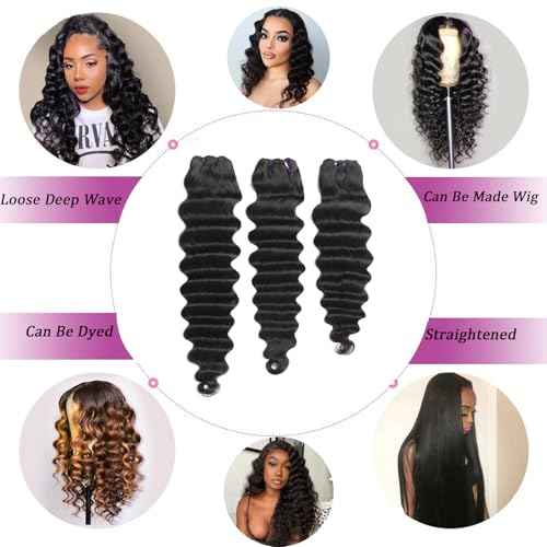 Loose Deep Wave Bundles Loose Wave Bundles Human Hair 22 24 26 Inch 100% Unprocessed Brazilian Virgin Hair 3 Bundles Weave Curly Human Hair Extensions Natural Black Color for Women