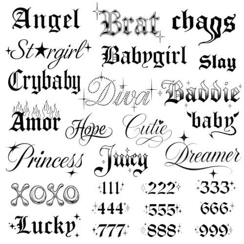 Sassy Script Temporary Tattoos | Y2K Gothic Words and Angel Numbers | Realistic Waterproof Fake Tats | Angel, Brat, Princess, Babygirl, Diva