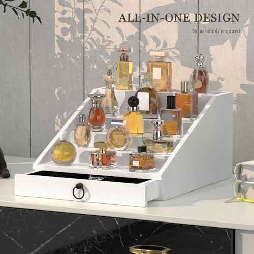 Wooden Cologne Organizer for Men Enhanced 5 Tier Cologne Stand Shelf Perfume Organizer with Velvet Lined Drawer & Hidden Storage Perfume Display Holder for Dresser Nice Gift (Elegant White)