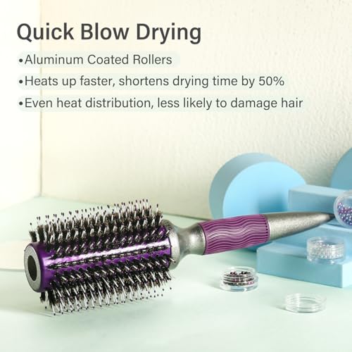 BRUSHZOO Round Brush for Blow Out, Boar Bristle Round Brush for Women Add Shine Volume, Hairbrush for Women Blow Drying Styling
