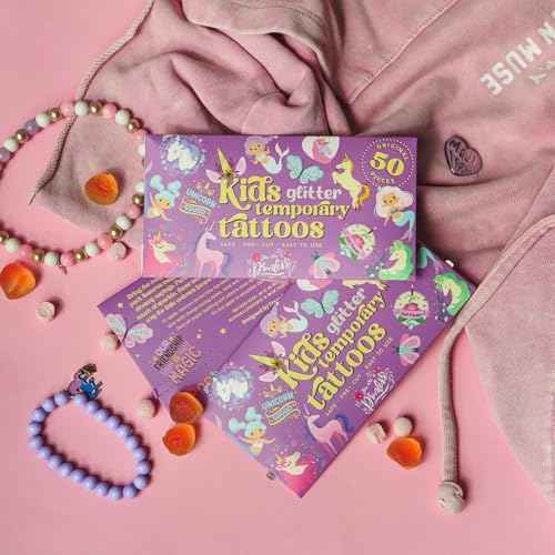 Glitter Unicorn Temporary Tattoos for Girls ? 50 Pre-Cut Sheets + Water Sponge | Easy to Apply & Remove | Non-Toxic, Waterproof, Skin-Safe | Party Favors, Birthday Gifts