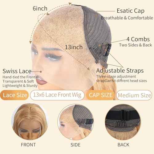 28 Inch Honey Blonde Wig Human Hair 200% Density 13x6 Body Wave Pre Plucked Glueless HD Transparent Lace Frontal Human Hair