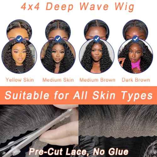 Glueless Wigs Human Hair Pre Plucked Pre Cut 4x4 Lace Closure Deep Wave Wig 180% Density Wear and Go Human Hair Curly Wigs for Black Women Natural Black Color with Baby Hair Small Head Friendly 28Inch